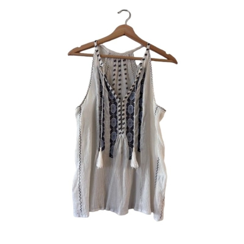 Current/Elliott Tassel Neck Fair Isle Blouse Top 4US‎ Multi Racerback Skeeveless